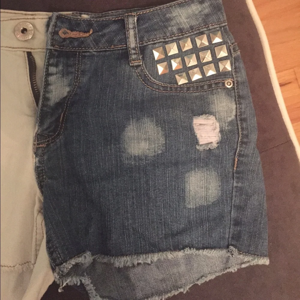 Girls Sz 14 distressed multi color two toned jean shorts embellished studs .